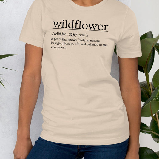 Soft Cream t-shirt with definition of 'wildflower'.