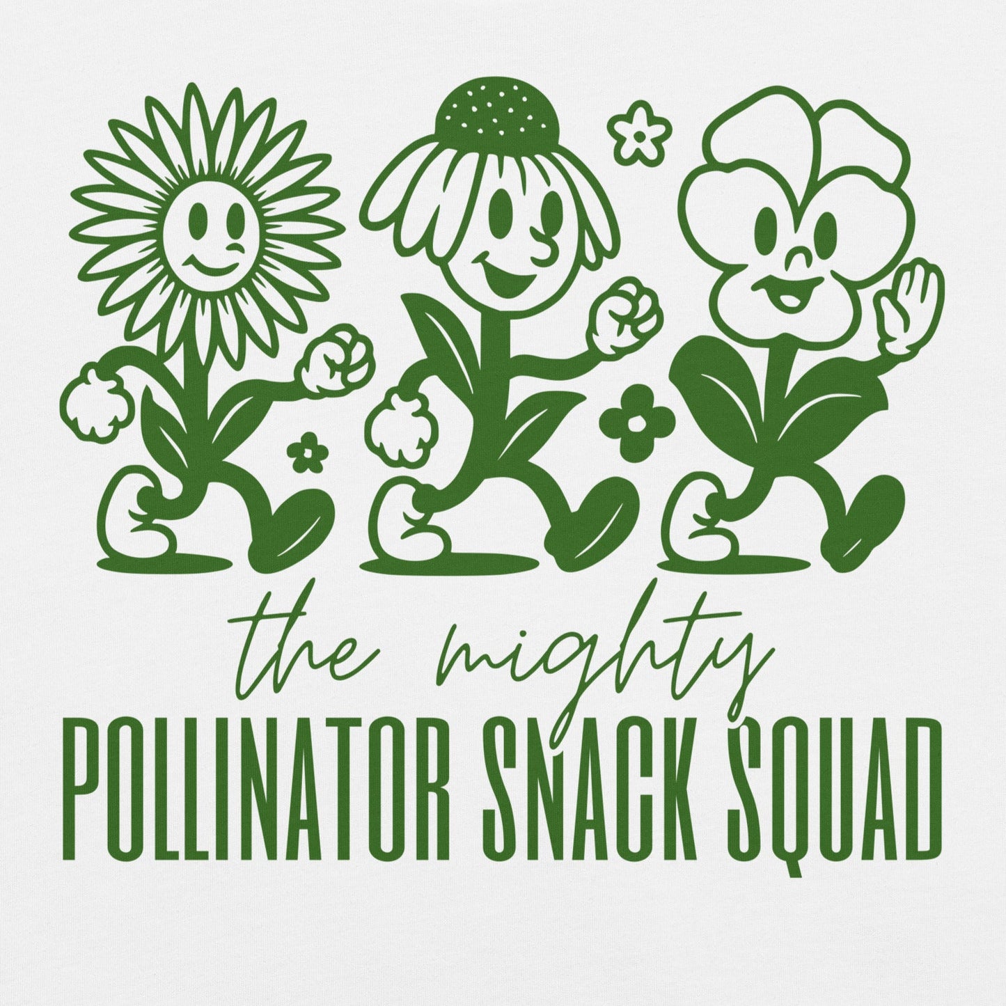 White t-shirt with graphic and text 'the mighty Pollinator Snack Squad'.