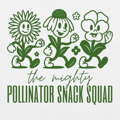 White t-shirt with graphic and text 'the mighty Pollinator Snack Squad'.