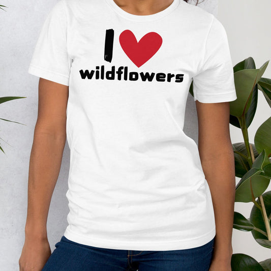 White t-shirt with 'I ❤️ wildflowers' design.