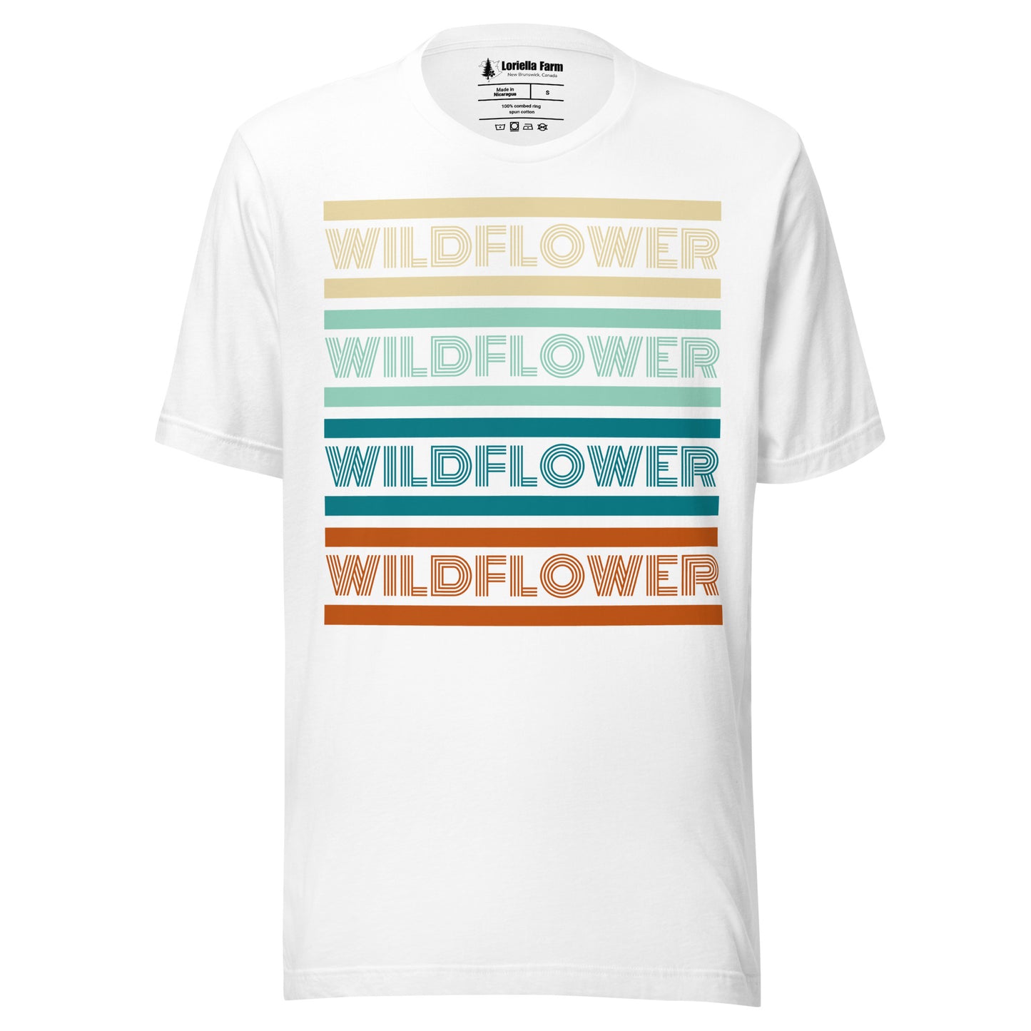 White t-shirt with 'Wildflower' text in colorful stripes.