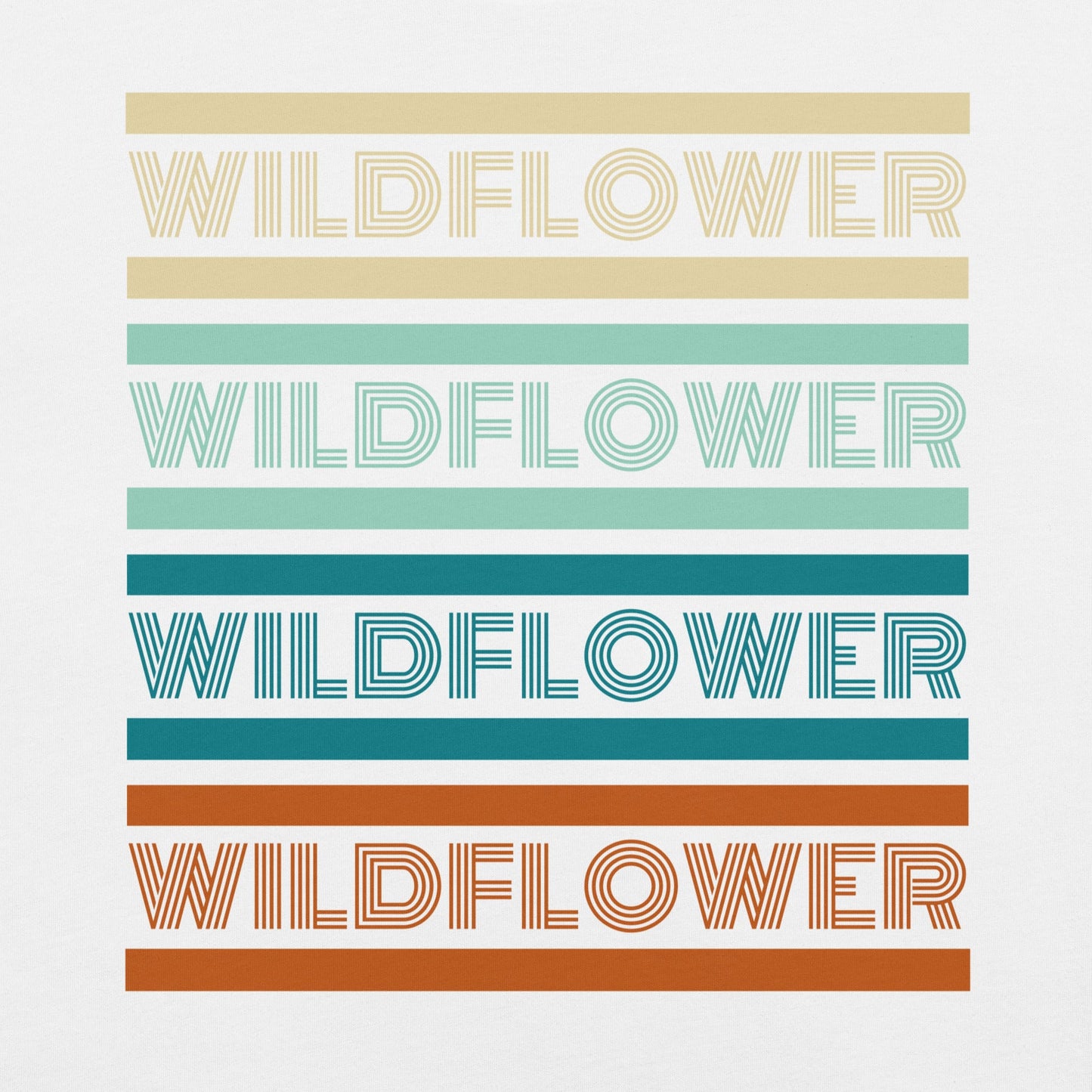 White t-shirt with 'WILDFLOWER' text in colorful stripes.
