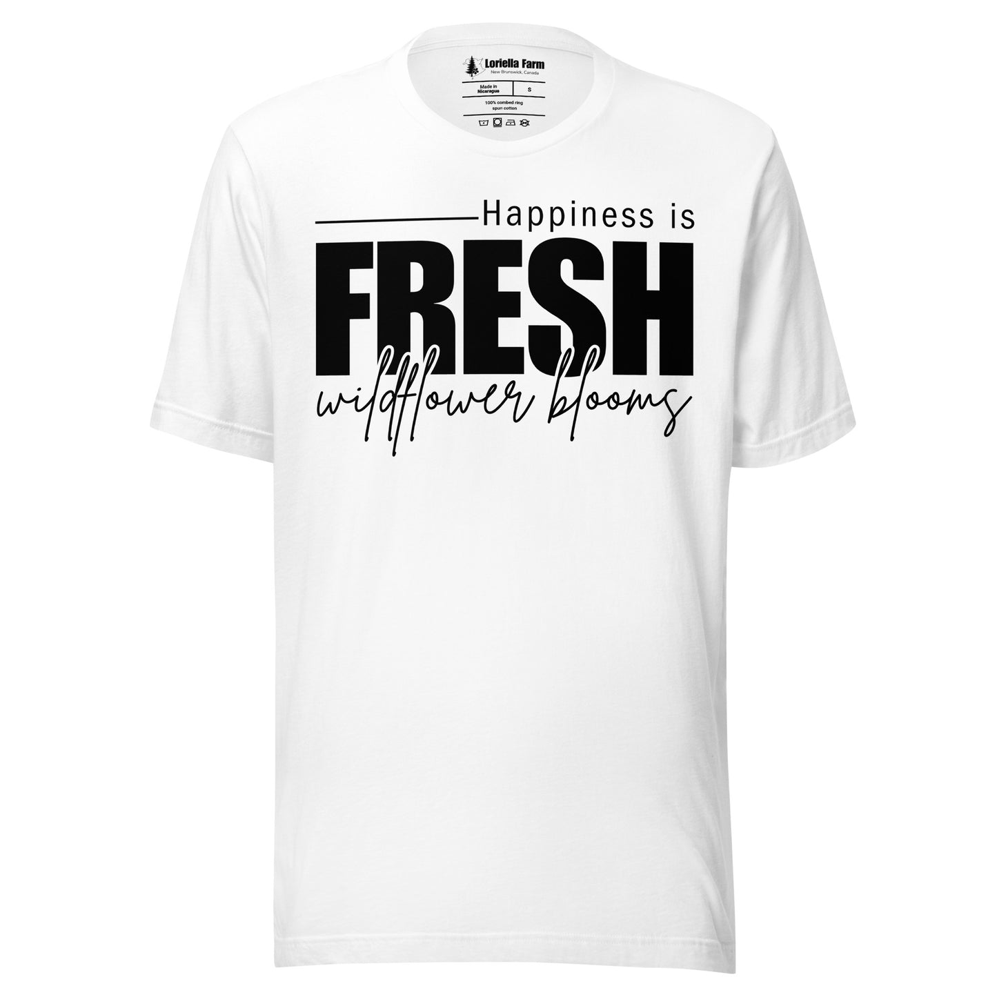 White t-shirt with text "happiness is fresh wildflower blooms".
