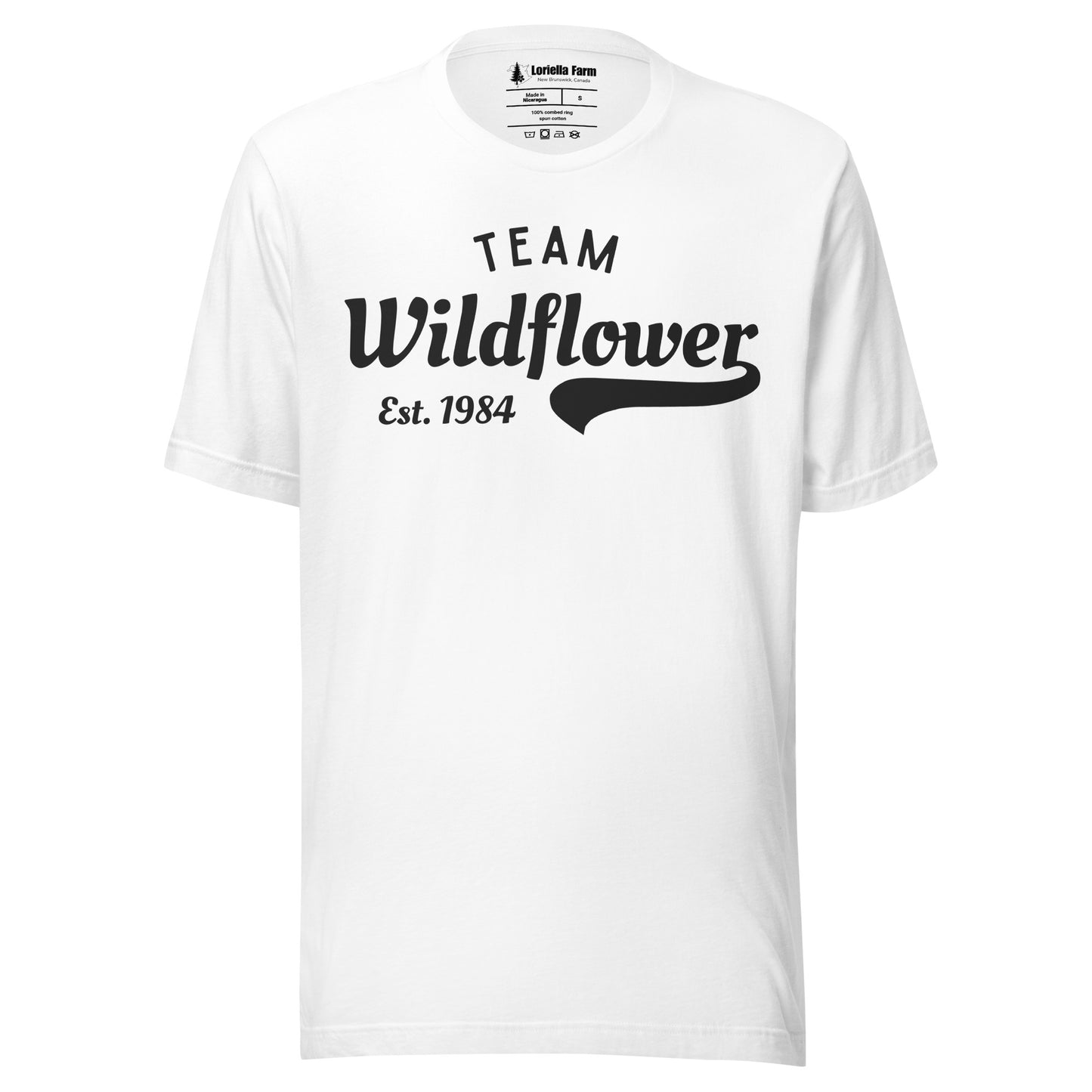 White t-shirt with 'Team Wildflower Est. 1984' text.
