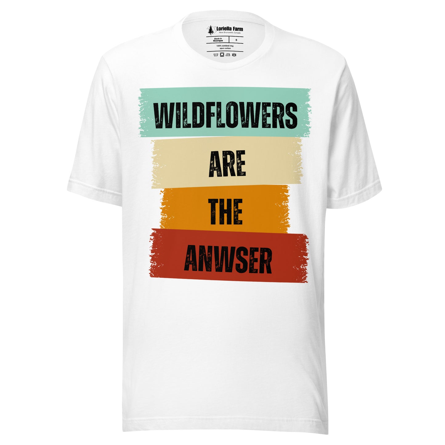 White t-shirt with colorful text design.