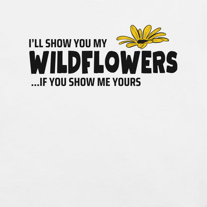 White t-shirt with text and flower graphic.