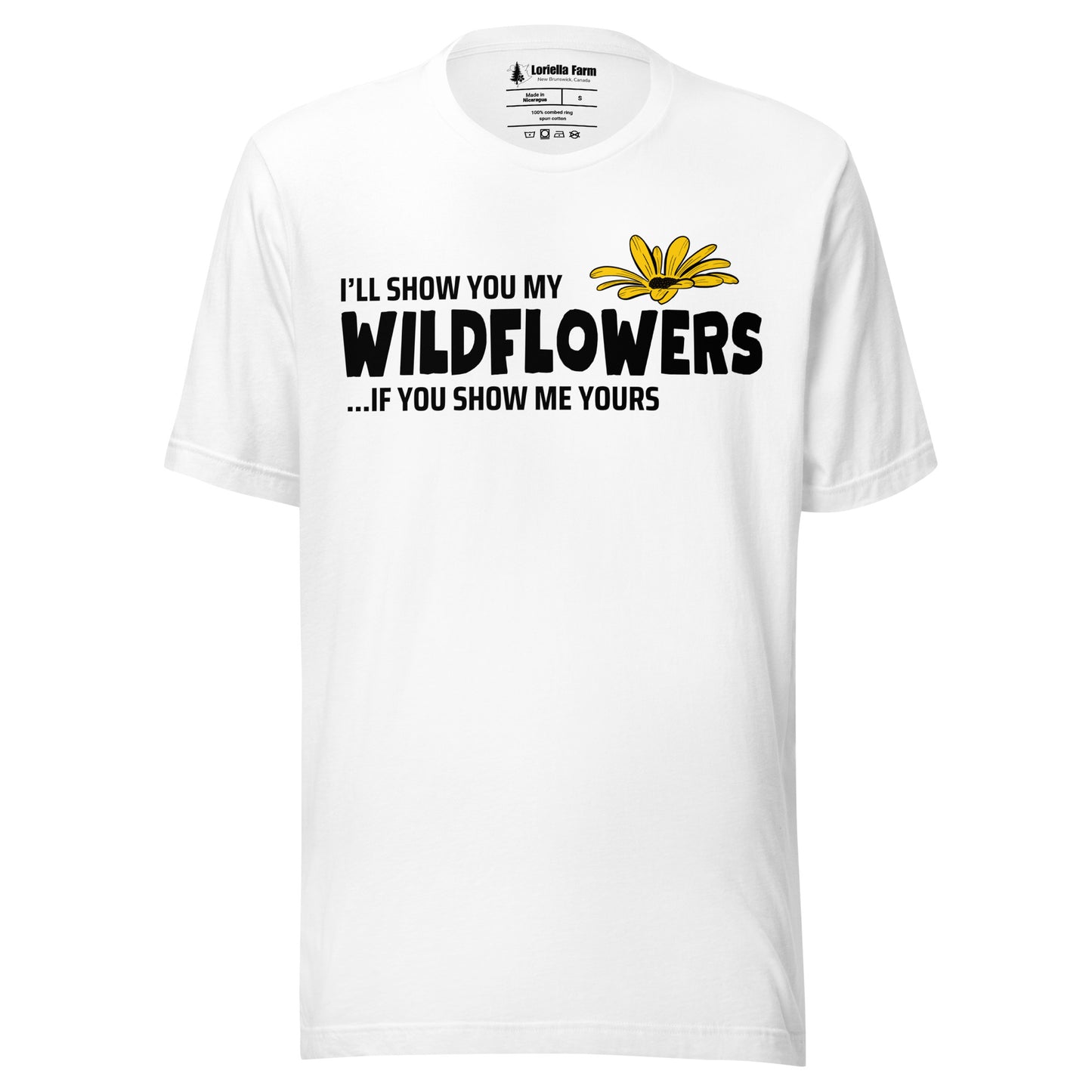 White t-shirt with text and flower graphic.