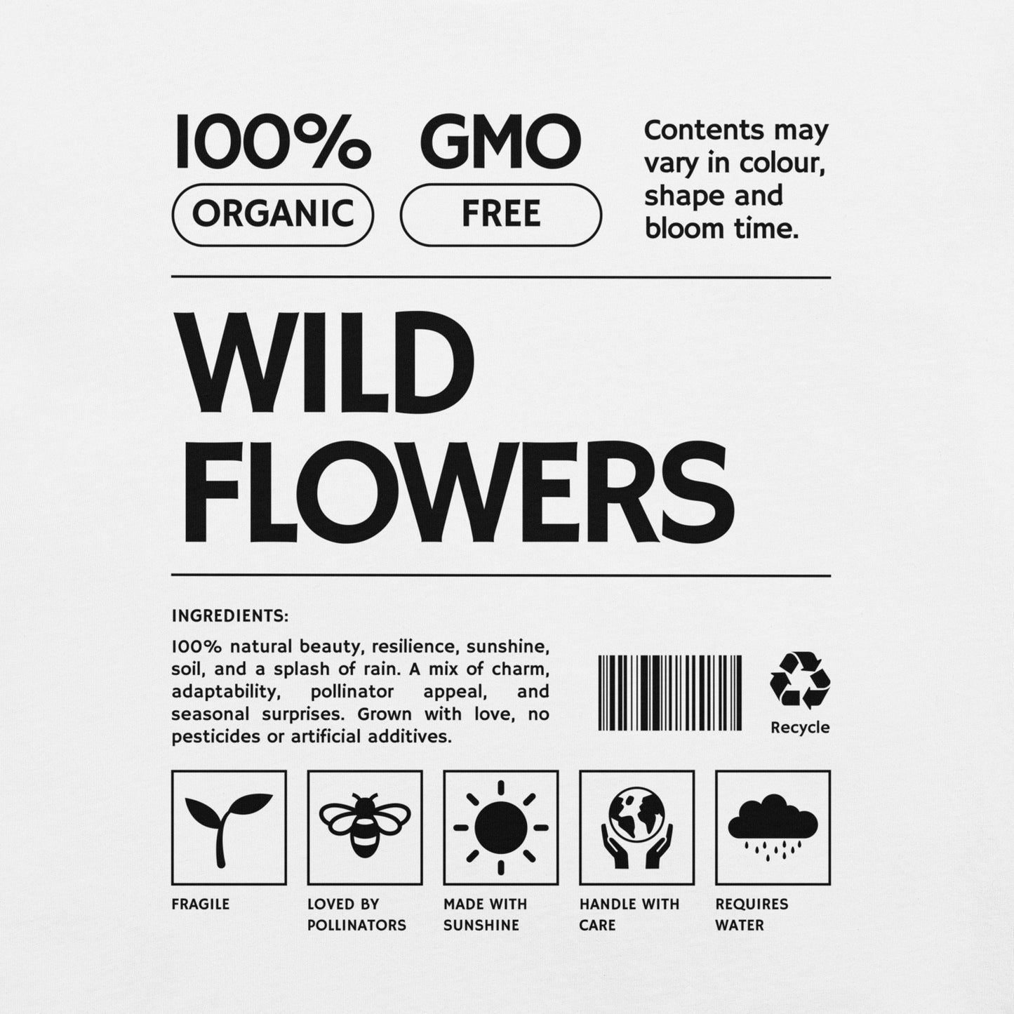 White t-shirt with 'Wild Flowers' text and label graphics.