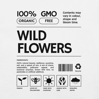 White t-shirt with 'Wild Flowers' text and label graphics.