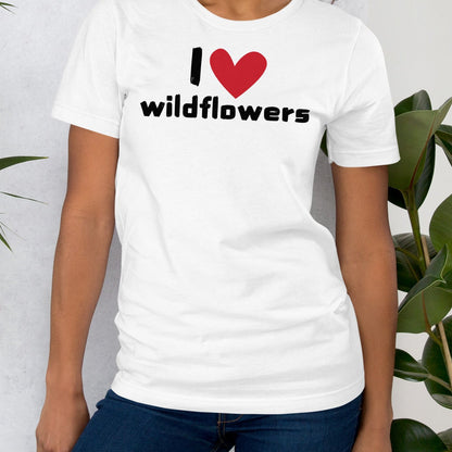 White t-shirt with 'I ❤️ wildflowers' design.
