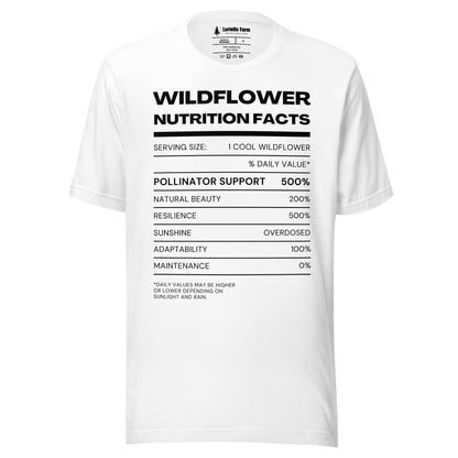 White t-shirt with text mimicking nutrition facts label.