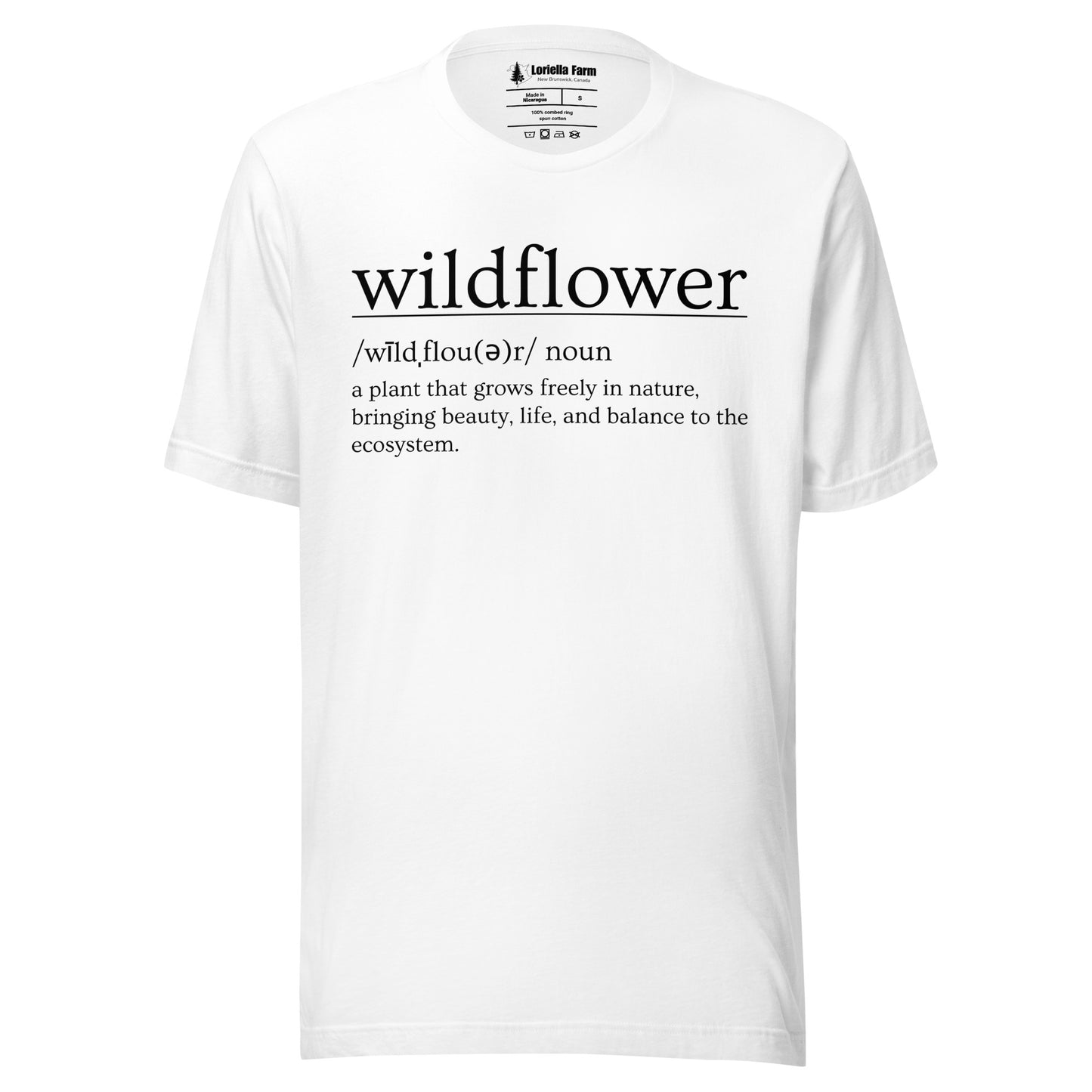 White t-shirt with definition of 'wildflower'.