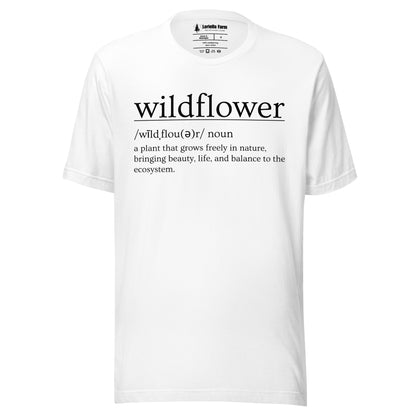 White t-shirt with definition of 'wildflower'.