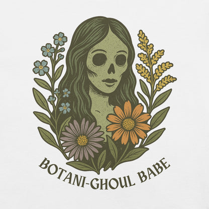 White t-shirt with 'Botani-Ghoul' text and graphic.