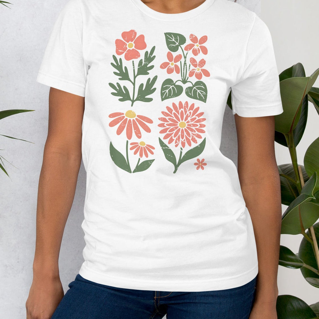 White t-shirt with boho floral designs.