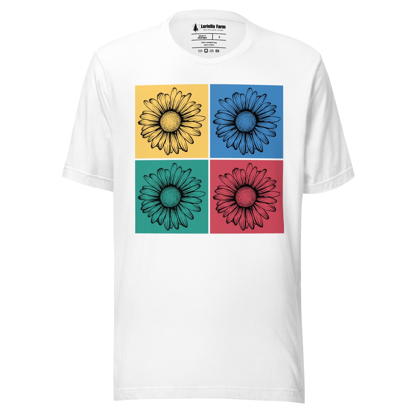 White t-shirt with colorful floral designs.