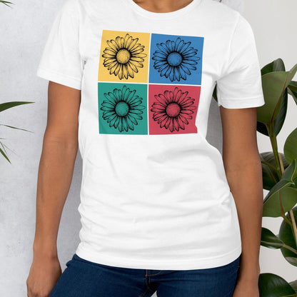 White t-shirt with colorful floral designs.
