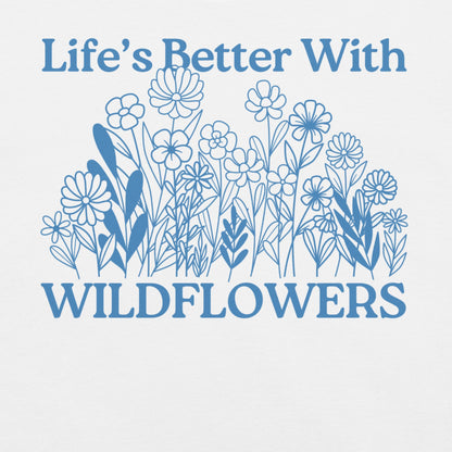 White t-shirt with text and floral design.