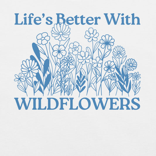 White t-shirt with text and floral design.