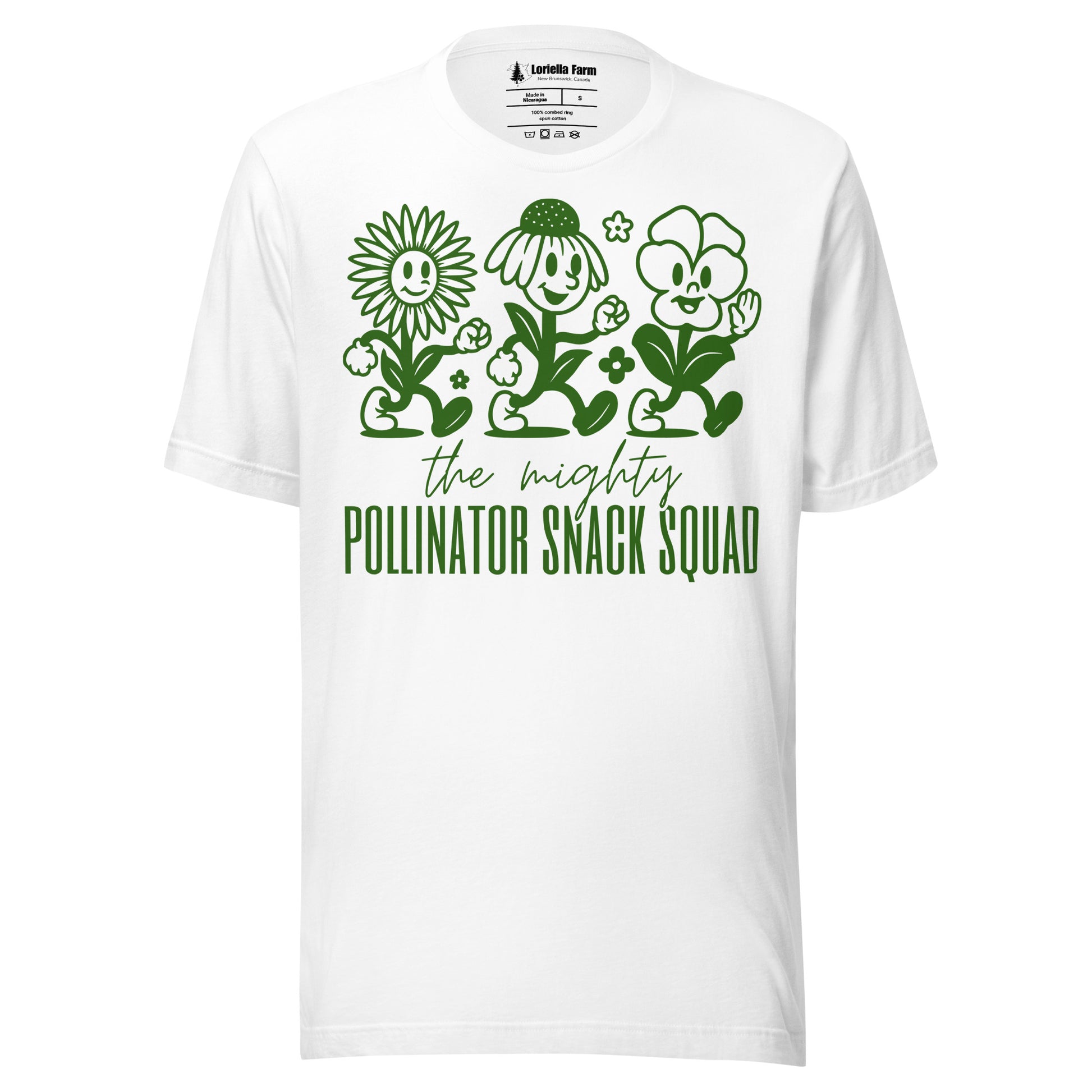 White t-shirt with graphics and text.