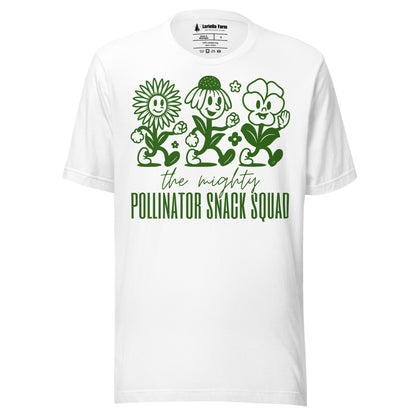 White t-shirt with graphics and text.