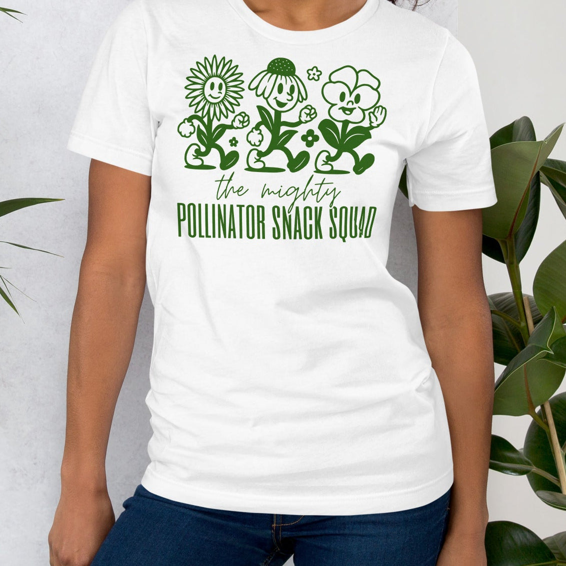 White t-shirt with graphics and text.