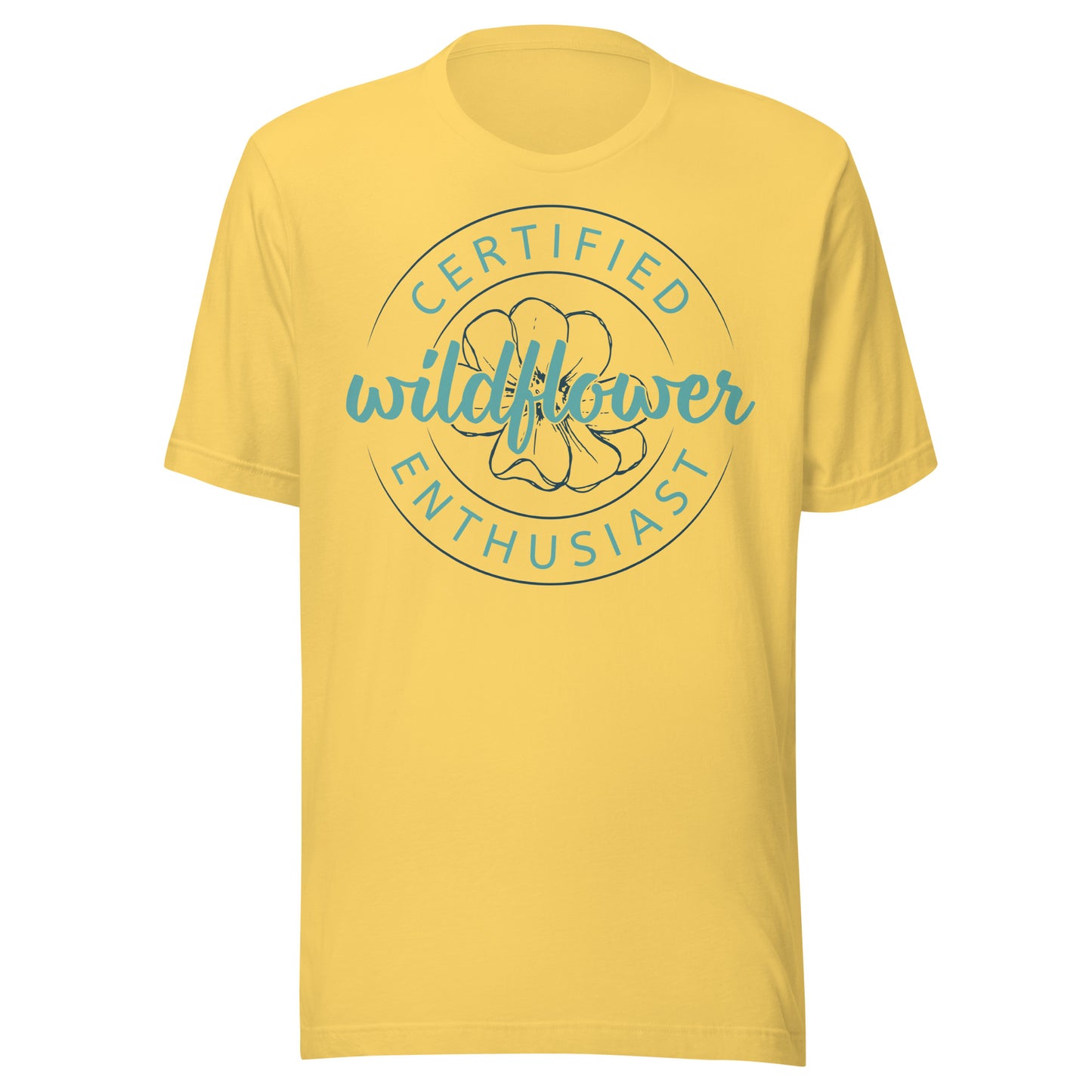 Yellow t-shirt with Certified Wildflower Enthusiast badge and a floral design.