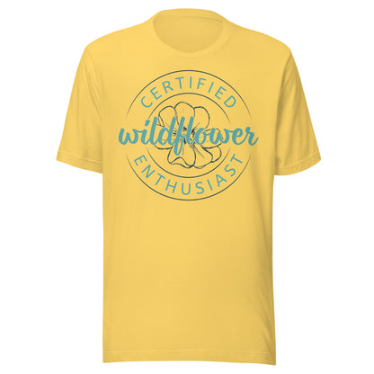 Yellow t-shirt with Certified Wildflower Enthusiast badge and a floral design.