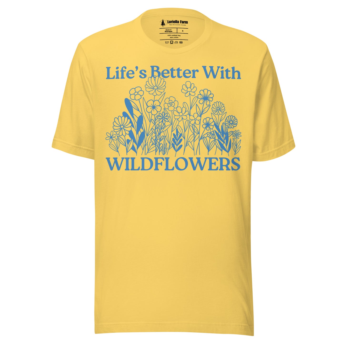 Yellow t-shirt with floral design and text 'Life's Better With Wildflowers'.