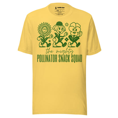 Yellow t-shirt with graphic and text 'the mighty Pollinator Snack Squad' .