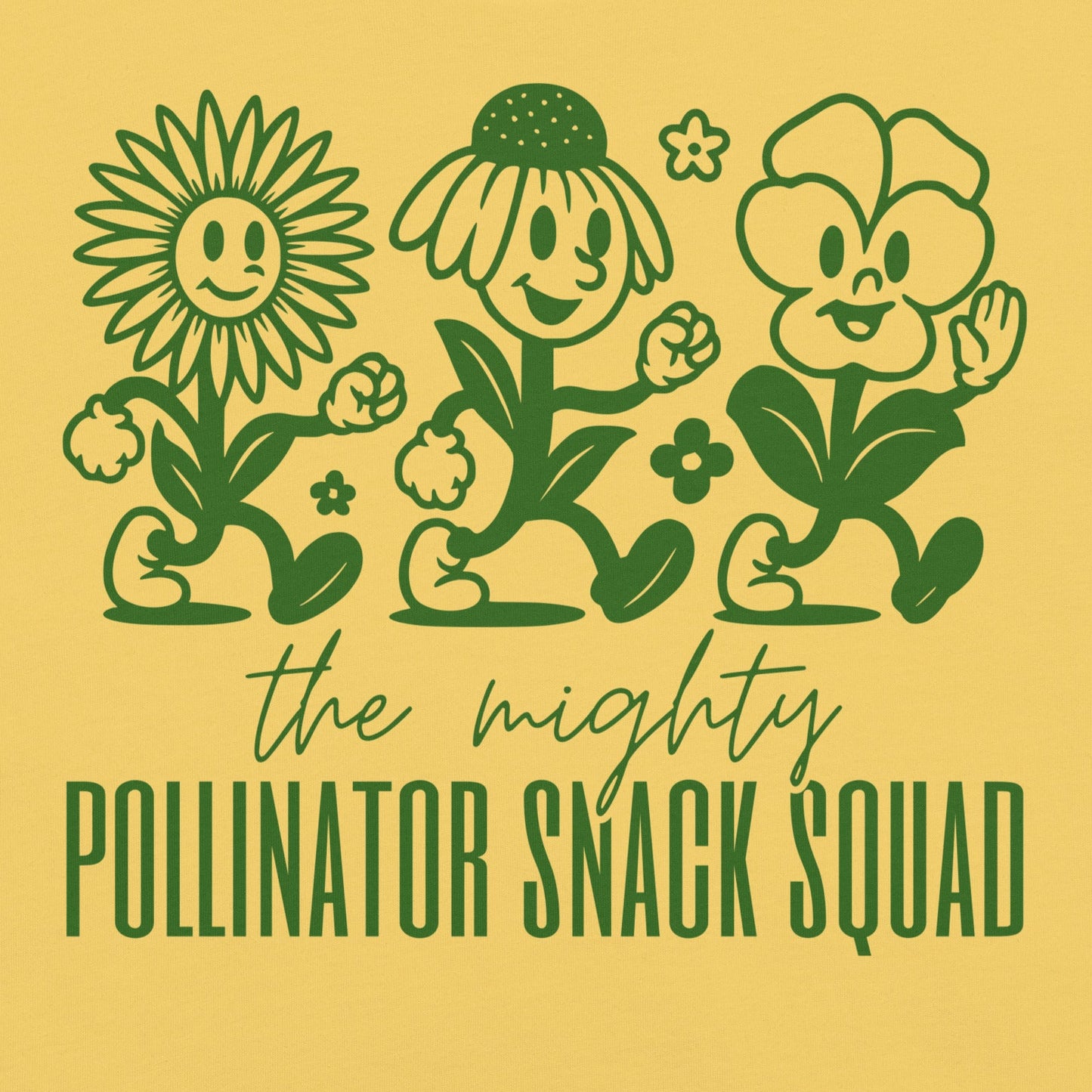 Yellow t-shirt with graphic and text 'the mighty Pollinator Snack Squad'.