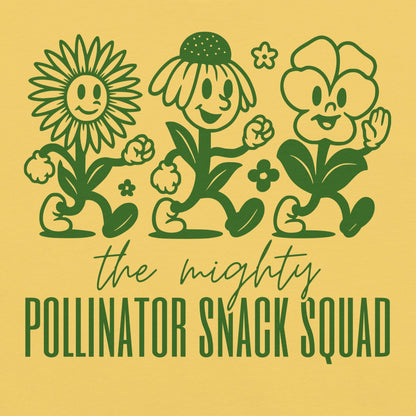 Yellow t-shirt with graphic and text 'the mighty Pollinator Snack Squad'.