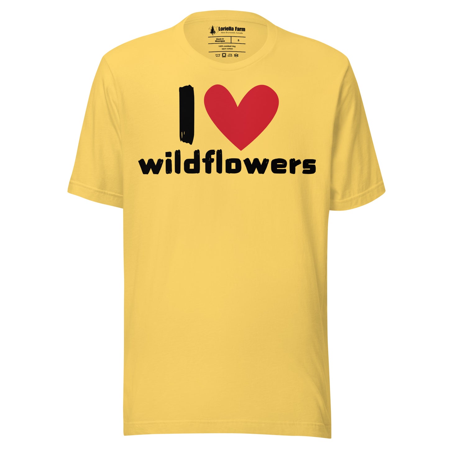 Yellow t-shirt with 'I ❤️ wildflowers' text.