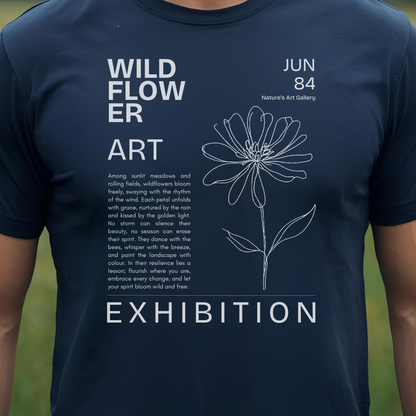 Navy t-shirt with white floral design and text.