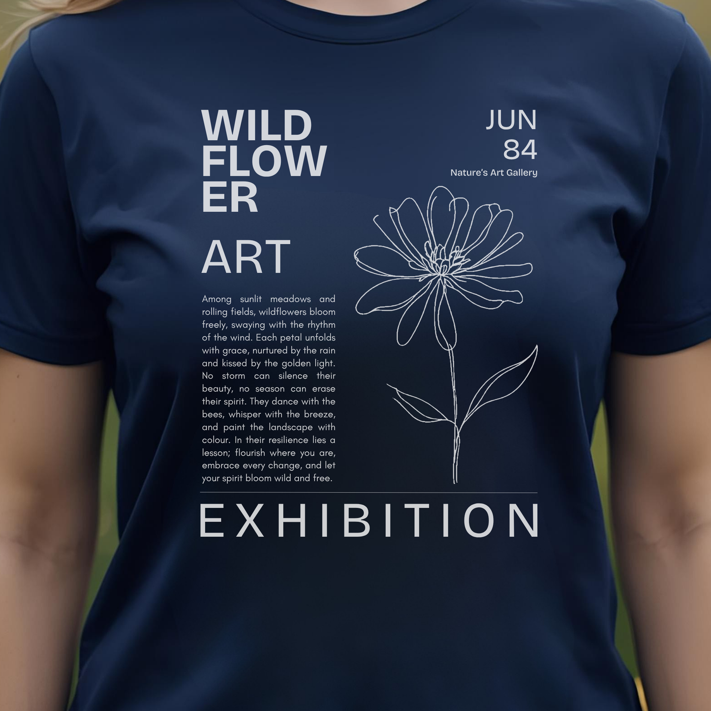 Navy t-shirt with white floral design and text.