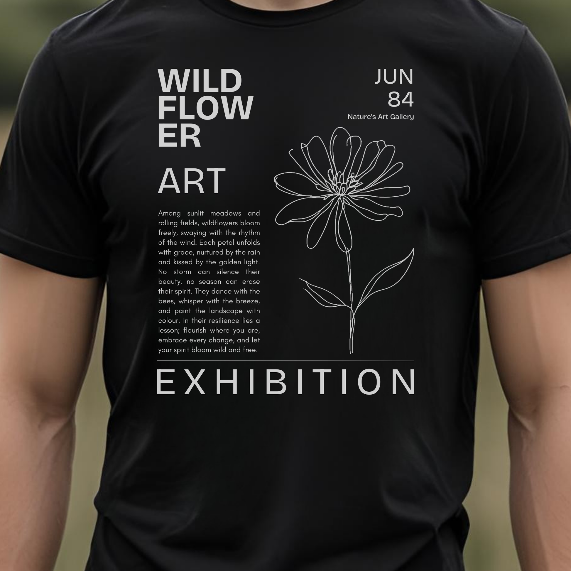 Black t-shirt with floral art design and text.