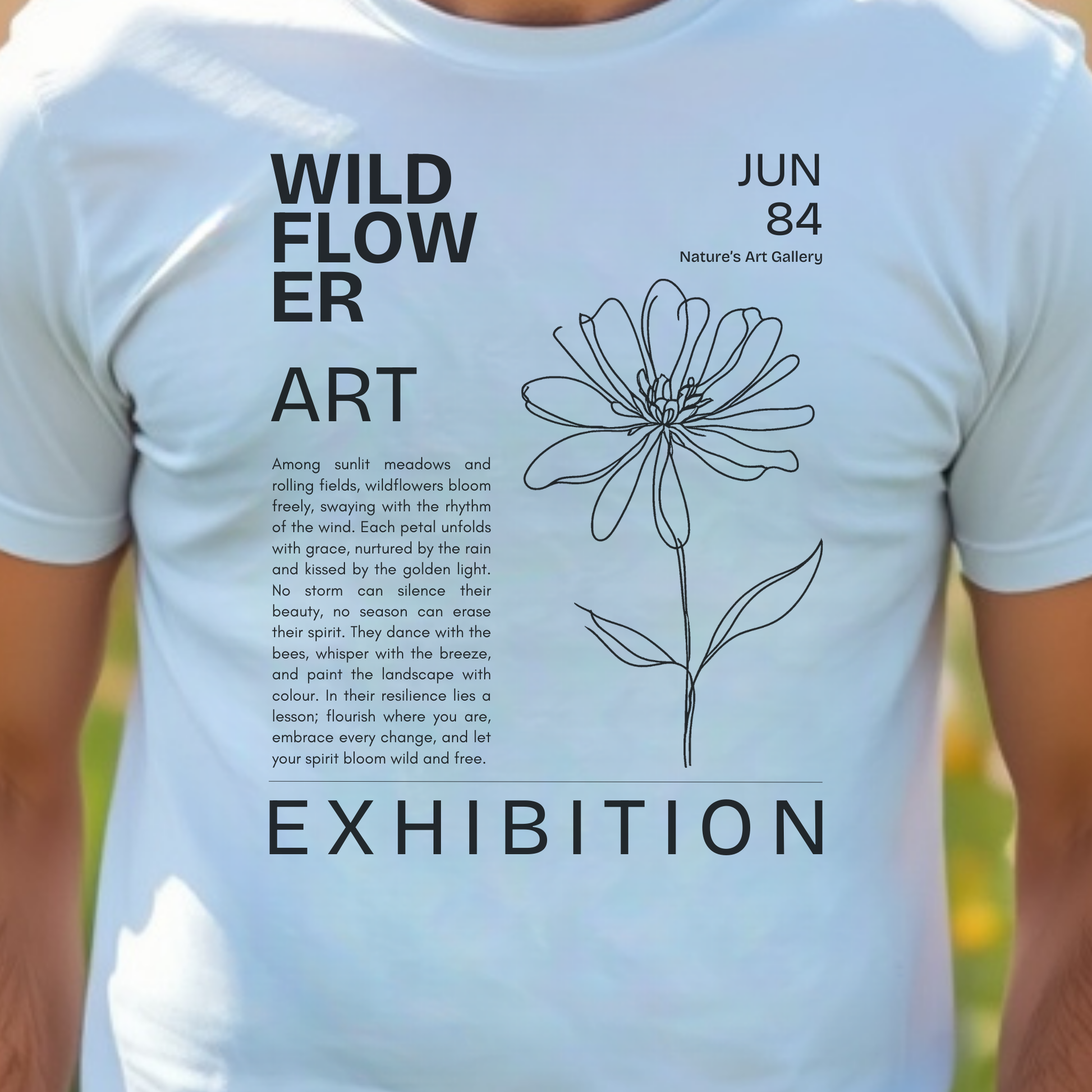 White t-shirt with floral art design and text.
