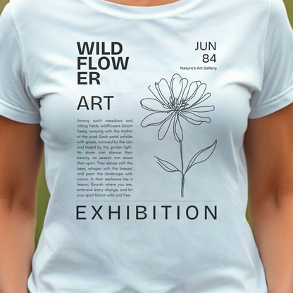 White t-shirt with floral art design and text.