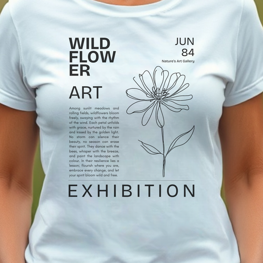 White t-shirt with floral art design and text.